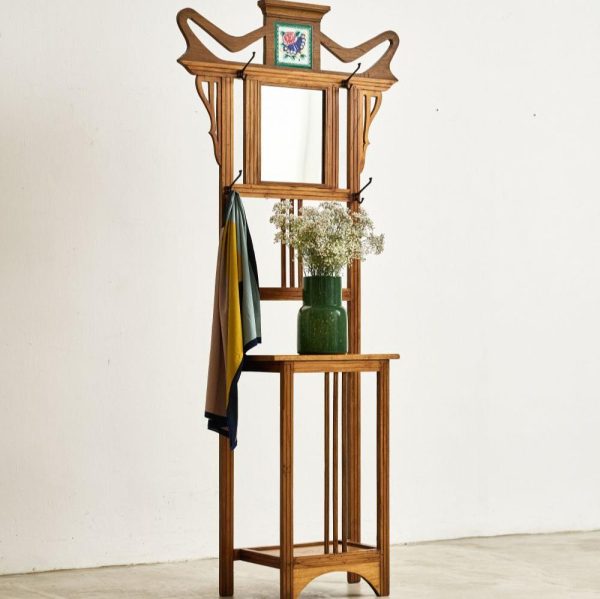 Antique Dutch Colonial Standing Coat Rack with Hand-Painted Tile | Vintage Hall Tree